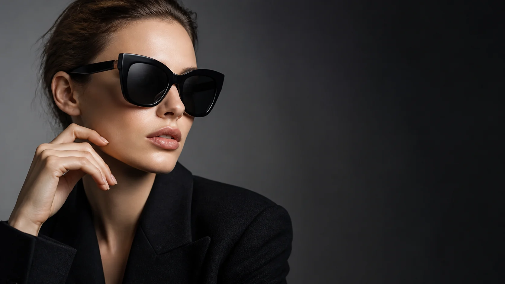 Model wearing black sculptural sunglasses in a cool grey studio